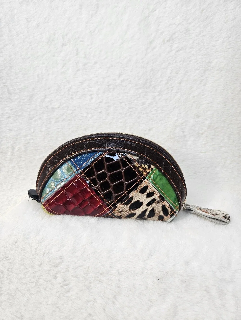 Patchwork Multicolor Half-Moon Cosmetic Coin Pouch